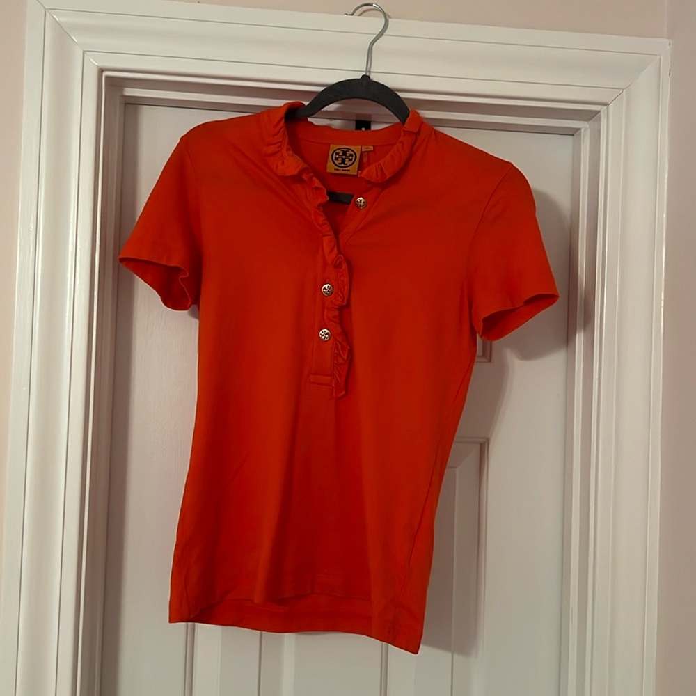 Tory Burch Lidia Orange Ruffled Polo Shirt